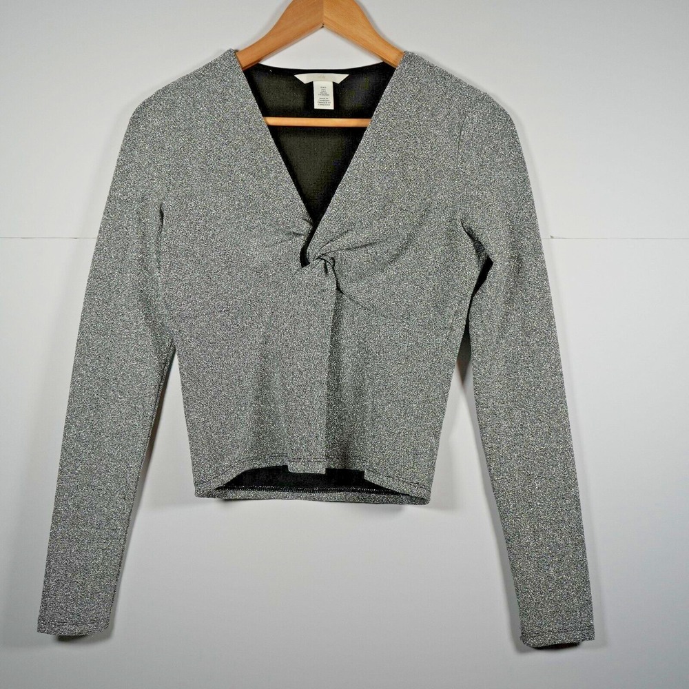 H&M Glitter Crop Top Womens Small Silver Excellent Twist Front Long Sleeve Party